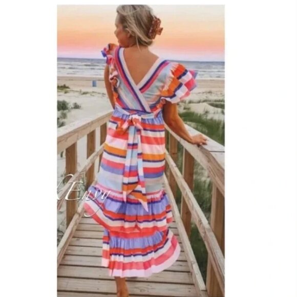 NWT Anthropologie Plenty by Tracy Reese Rainbow Ruffled Striped Maxi Dress Large - Picture 1 of 12